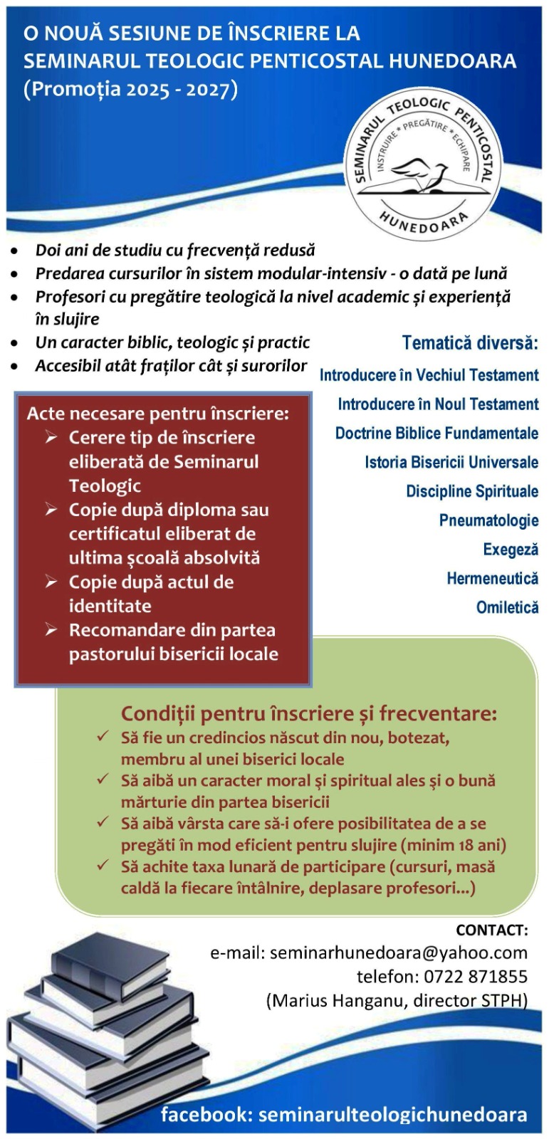 Afiș înscriere – Seminarul Teologic Penticostal Hunedoara (Promoția 2025–2027)